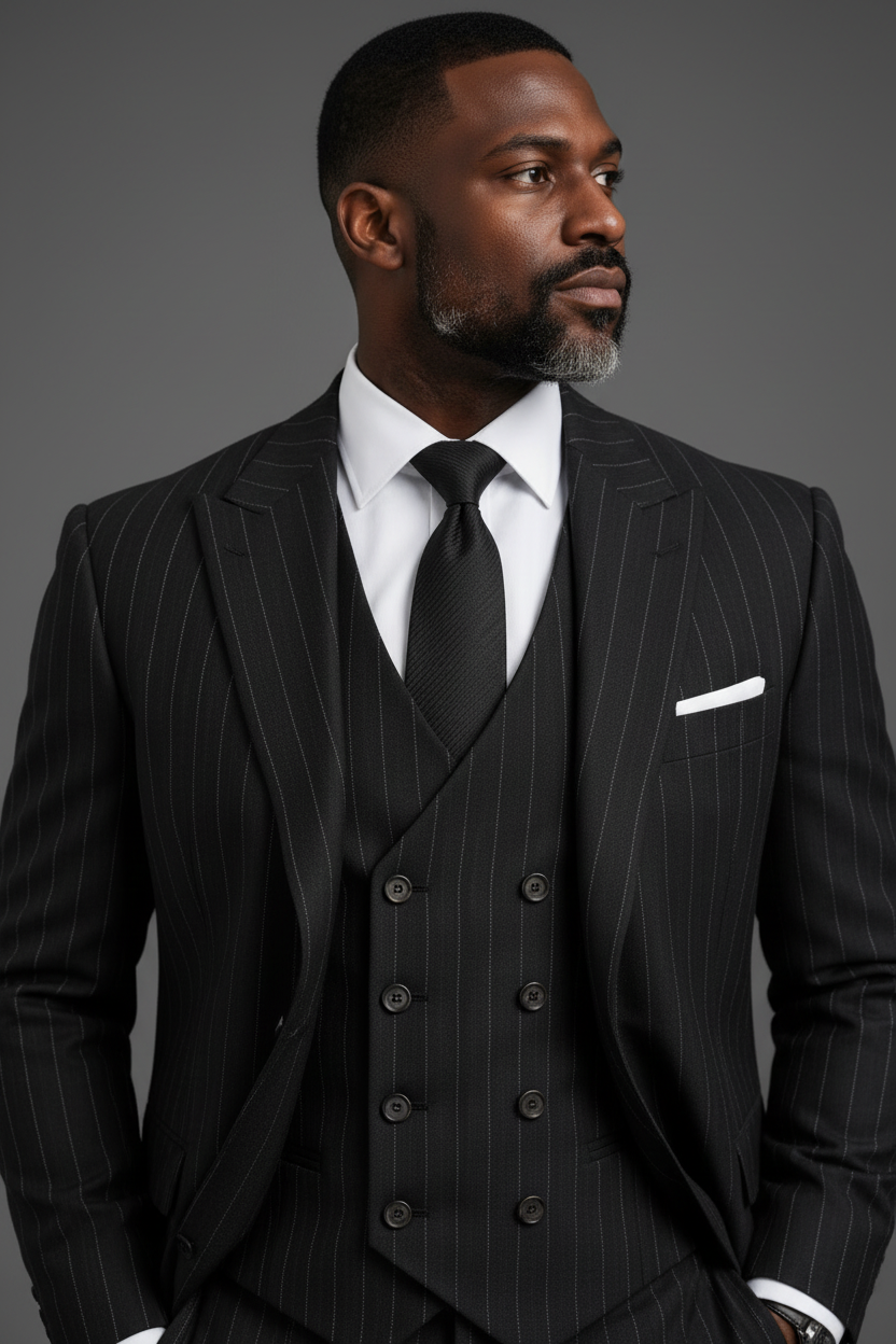 SABOO DB5200 charcoal suit — upper body angle showing peak lapels and double-breasted waistcoat