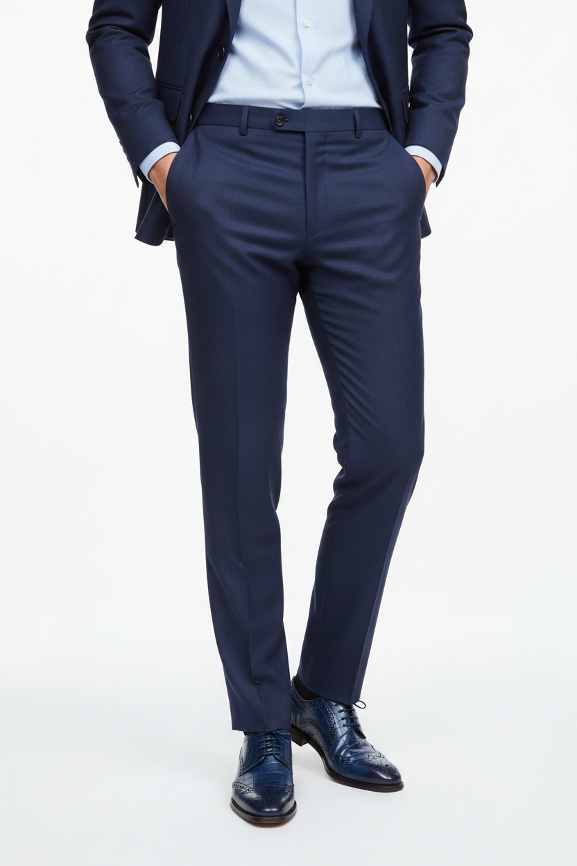 Man wearing blue croco-embossed Carrucci KS515-35 lace-up Oxford dress shoe with toe medallion