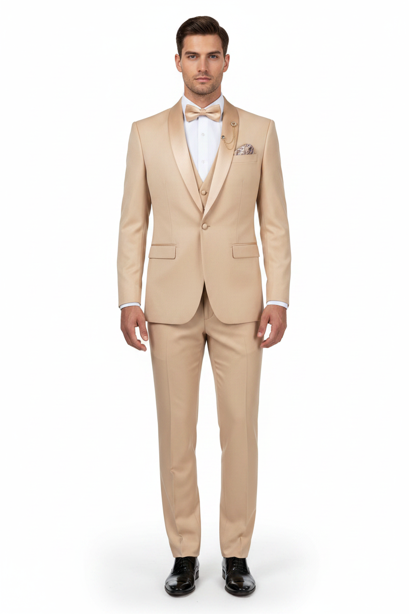 Vinci TSS-2 3-Piece Stretch Slim Fit Tuxedo in Champagne - Virtual Model