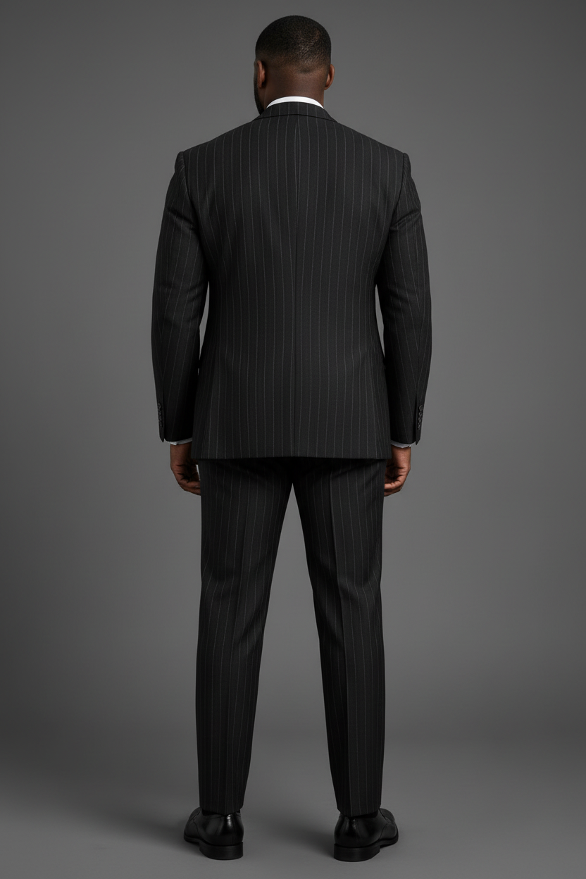 SABOO DB5200 charcoal black pinstripe suit — rear back view showing jacket construction
