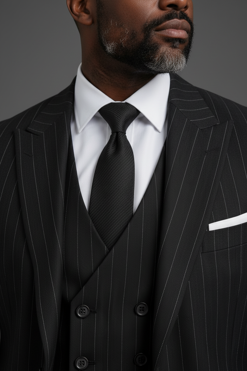 SABOO DB5200 charcoal suit — black tie knot, collar, and lapel close-up detail