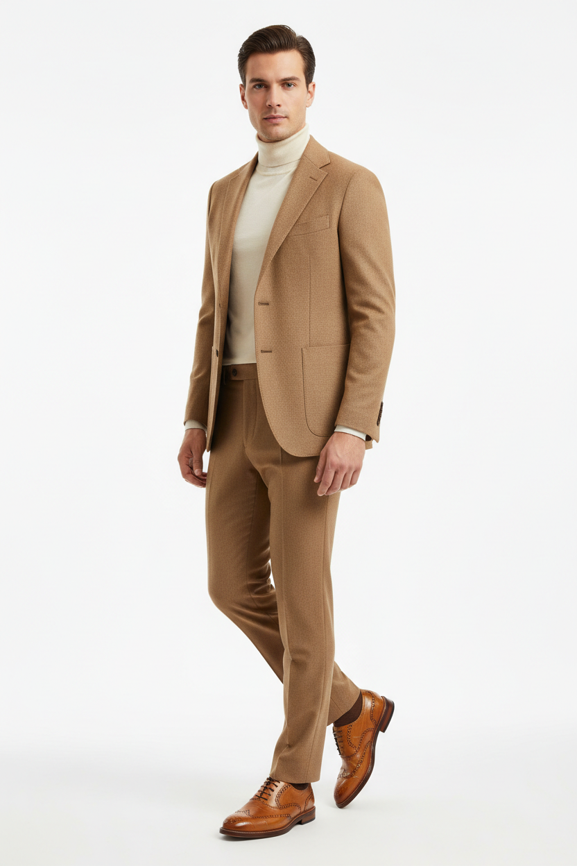 Man wearing camel croco-embossed Carrucci KS515-35 lace-up Oxford dress shoe with toe medallion