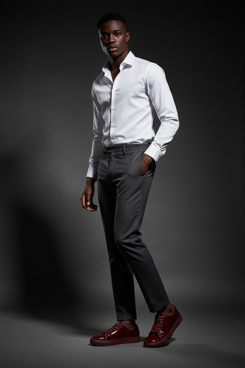Man wearing Santino Luciano S441 solid black patent leather sneaker with tailored charcoal trousers