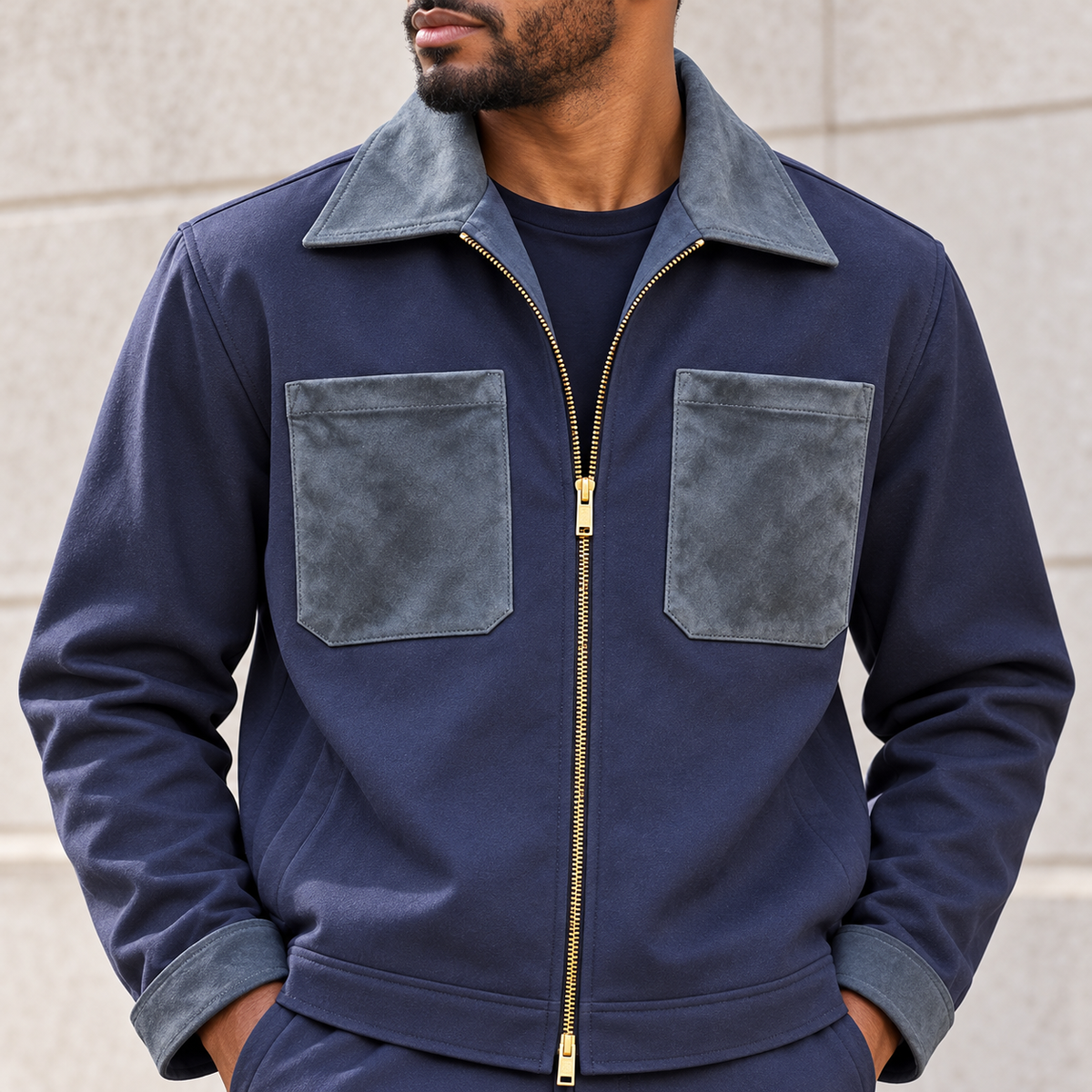 INSOMNIA Blue Label navy jacket contrasting suede-look collar and chest pocket close-up