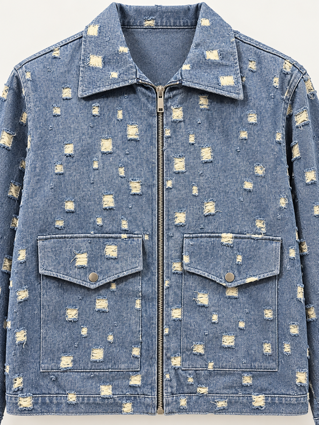 INSOMNIA Miami blue distressed denim zip jacket flap pocket fabric detail