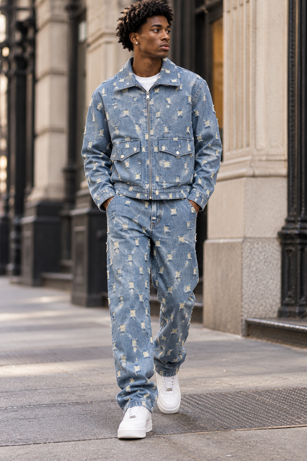 INSOMNIA Miami blue distressed denim 2pc jacket and pants set - full model view