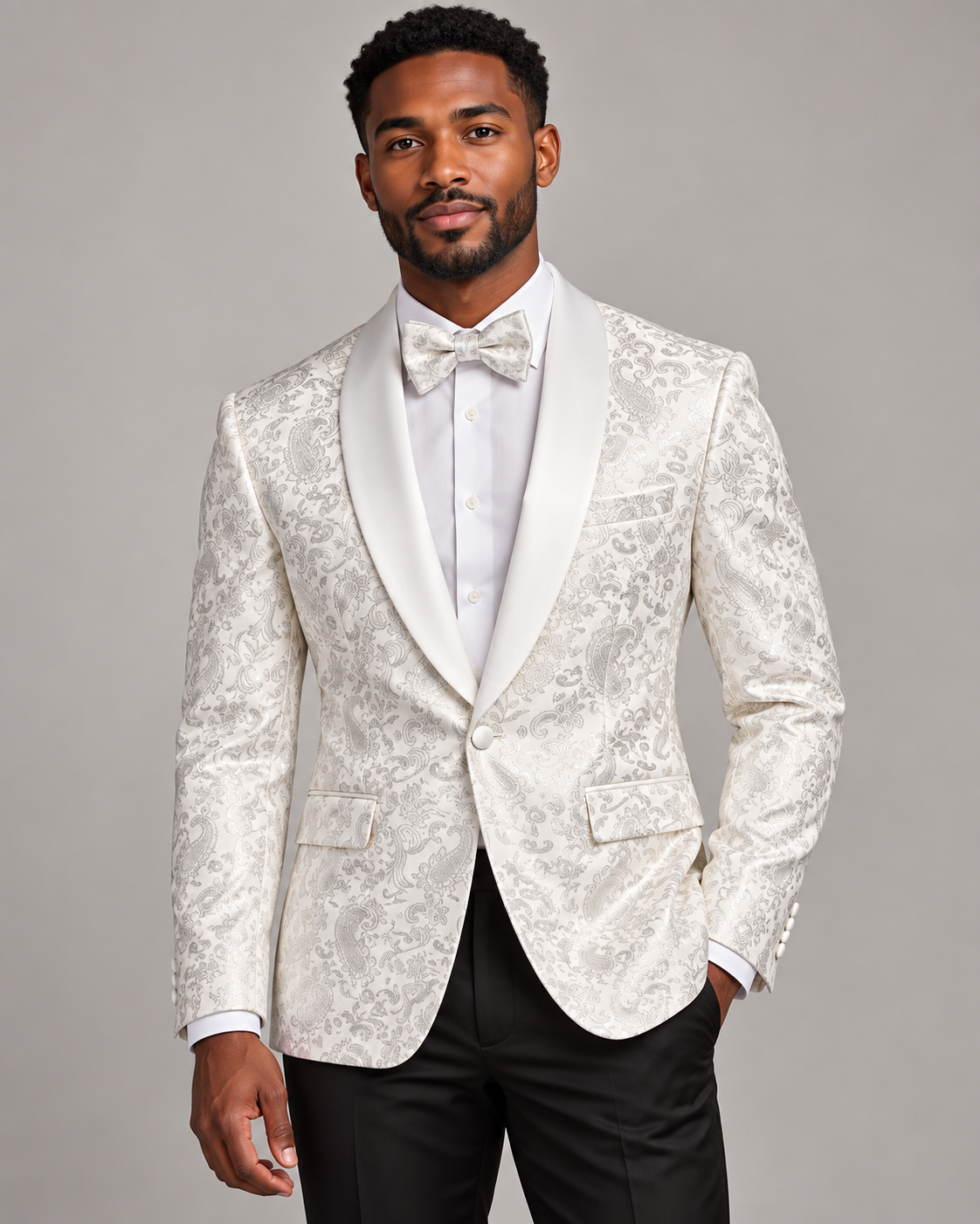 Maenza J-2103S White/Silver paisley jacket and matching bow tie on model