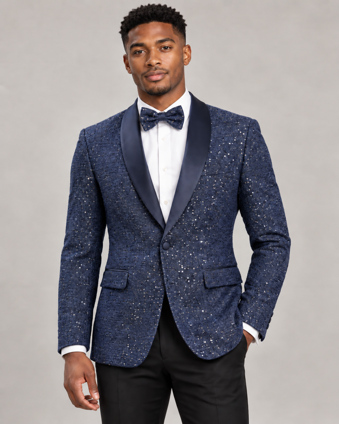Maenza J-2426S navy sequin jacket and matching bow tie on model