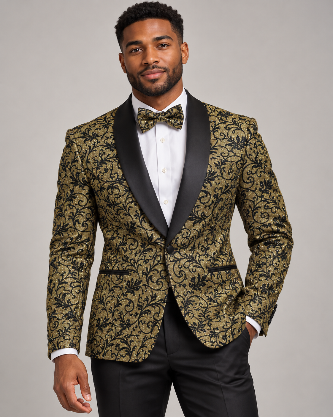 Maenza J-510S gold glitter scroll jacket and matching bow tie on model