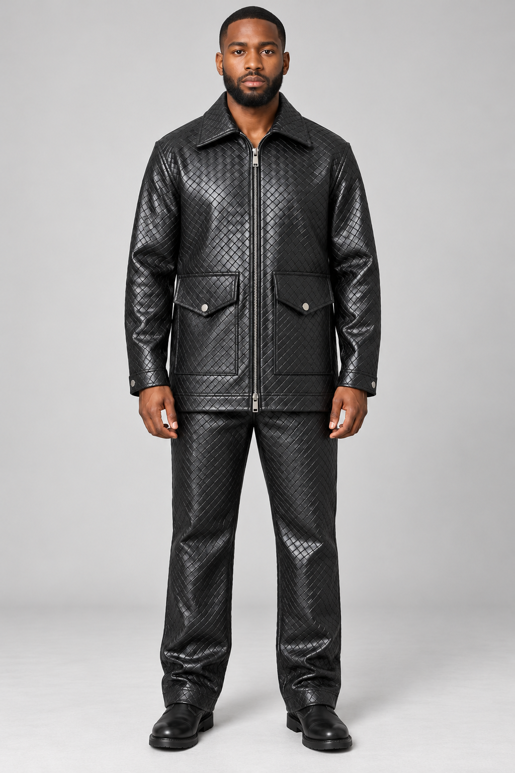 Black Manzini Caribbean PU leather 2pc jacket and pants set