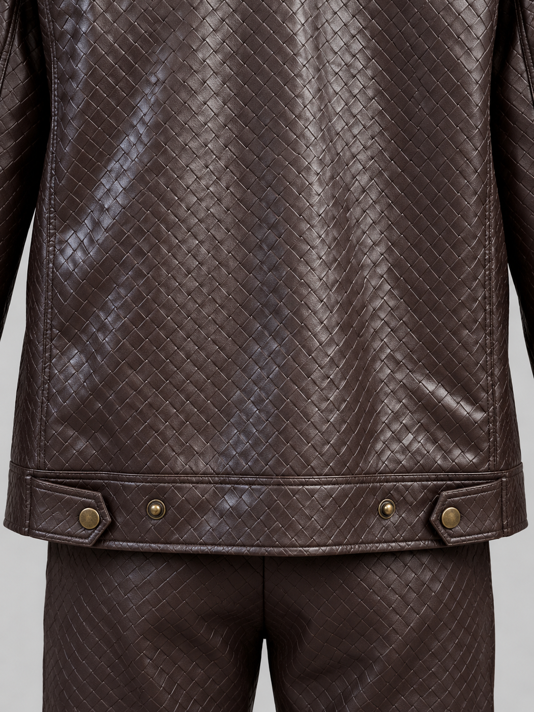 Espresso Manzini Caribbean jacket rear hem brass-tone snap tabs and basketweave detail