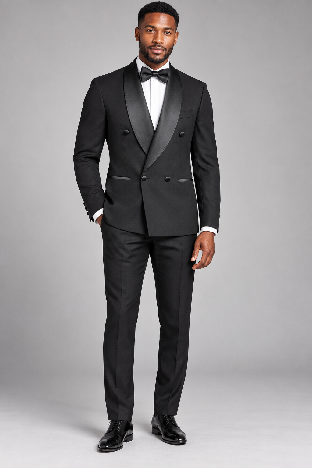 Marco Lorenzo 2603 black slim fit shawl lapel tuxedo on model, full length