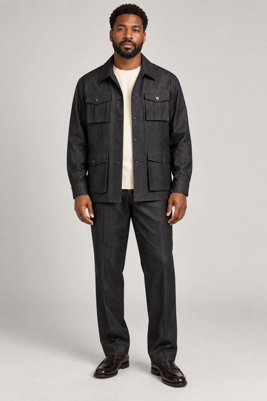 R. Lewis RLO08 Black jacket and matching pants walking set on a model
