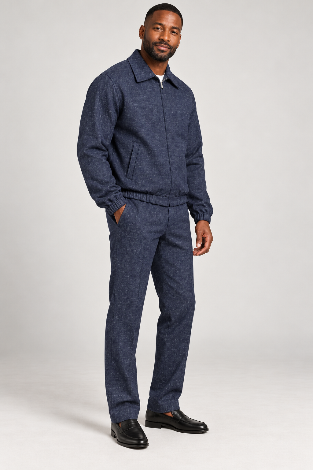 R. Lewis RLO19 navy matching two-piece set, concealed zipper — three-quarter view