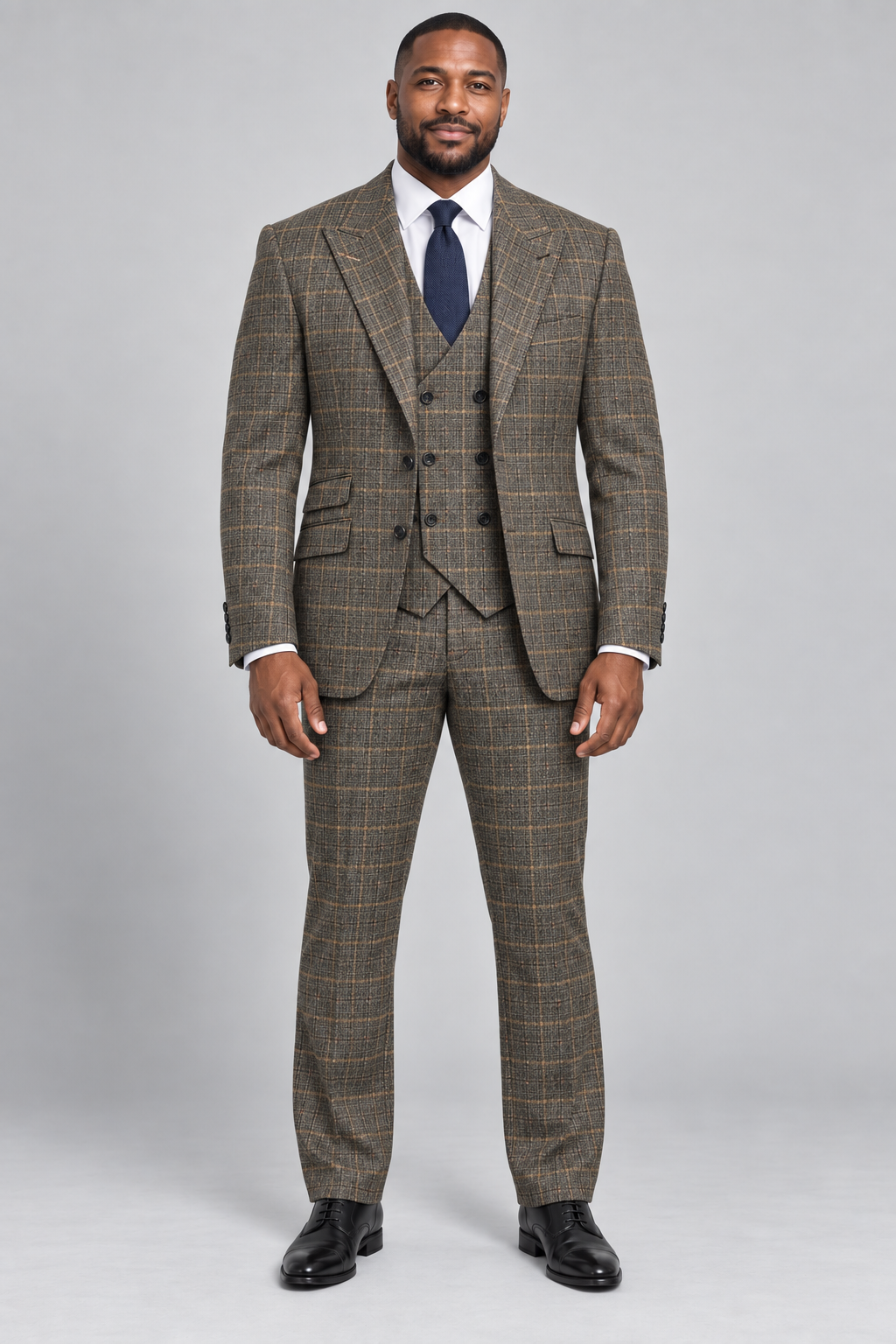 Saboo 1950 Olive modern fit three-piece plaid suit — full-length front view with peak lapels and double-breasted vest