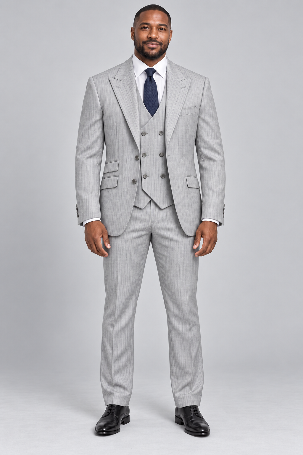 Saboo ATA09 Silver modern fit three-piece pinstripe suit — full-length front view with peak lapels and double-breasted vest