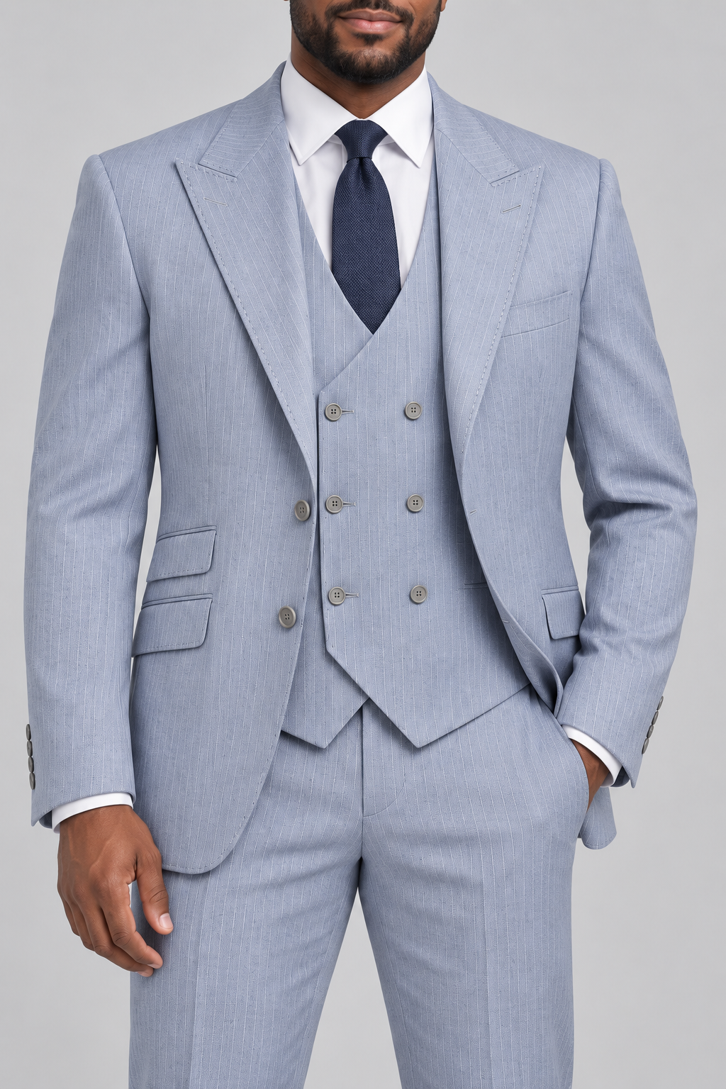Saboo DB4914 Ice modern fit three-piece pinstripe suit — close-up of peak lapels, six-button double-breasted vest, stitching and fabric
