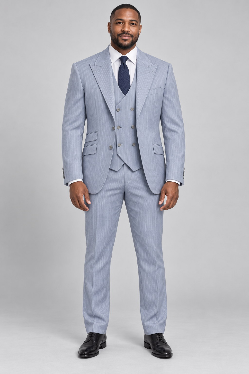 Saboo DB4914 Ice modern fit three-piece pinstripe suit with peak lapels and double-breasted vest — full-length front view