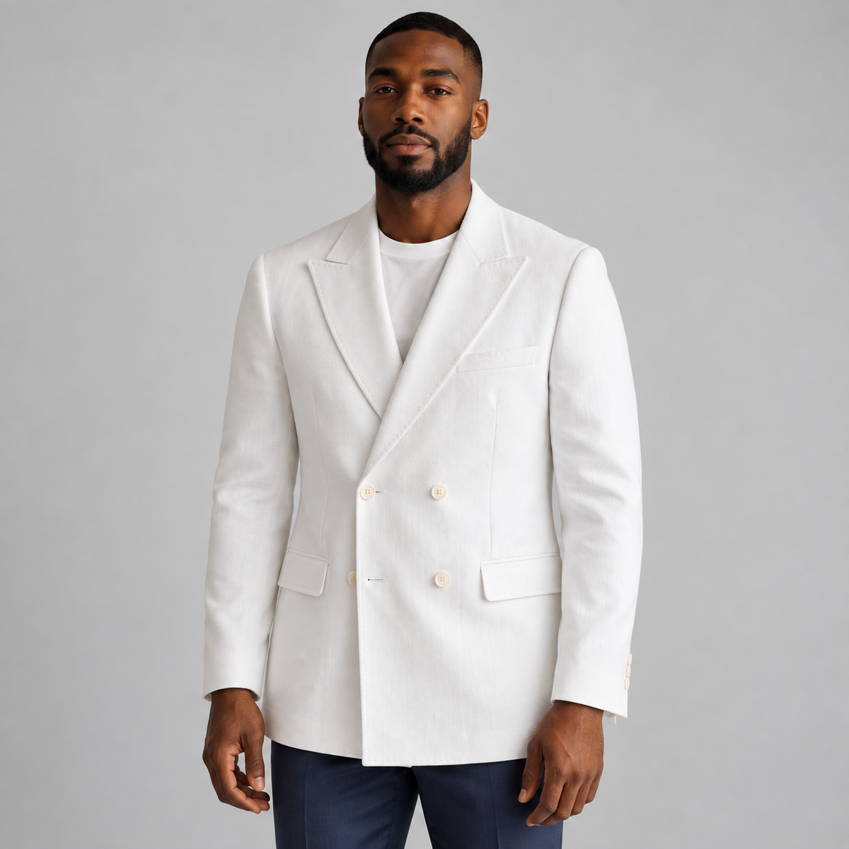 White Zacchi Santoni blazer on model, front view showing peak lapels and flap pockets