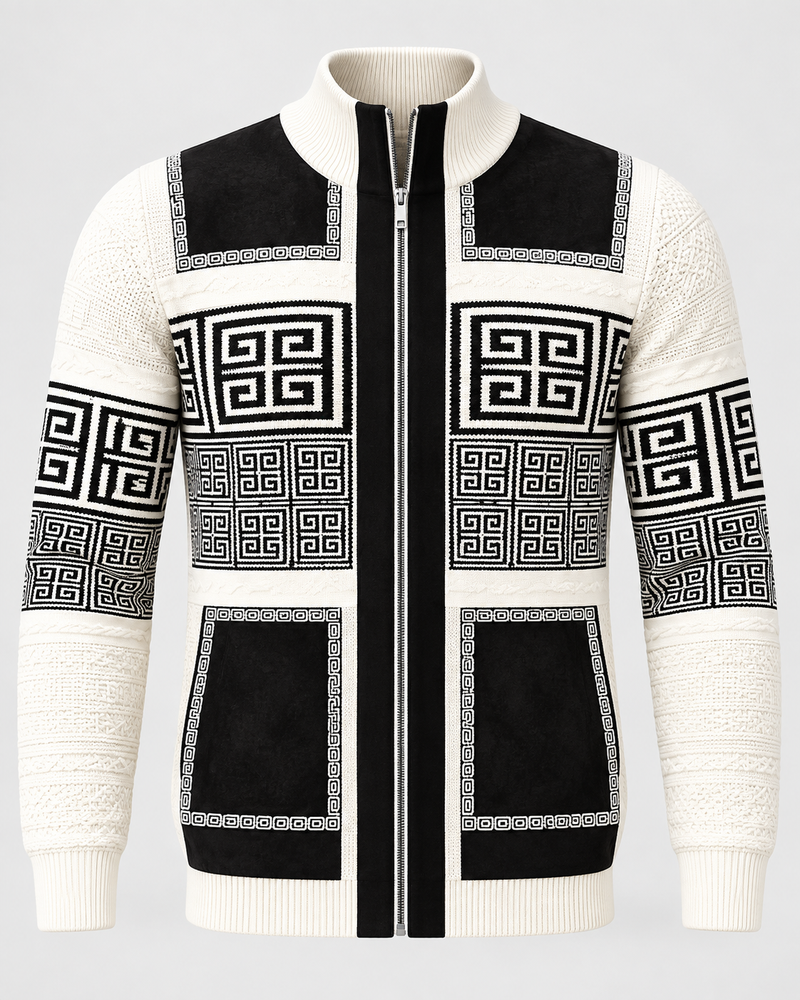 Silversilk 31003 Greek-key full-zip sweater in Cream