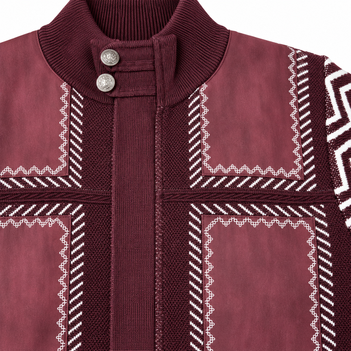 Silversilk 31006 Wine sweater close-up showing knit texture, stitched panels and metal collar buttons