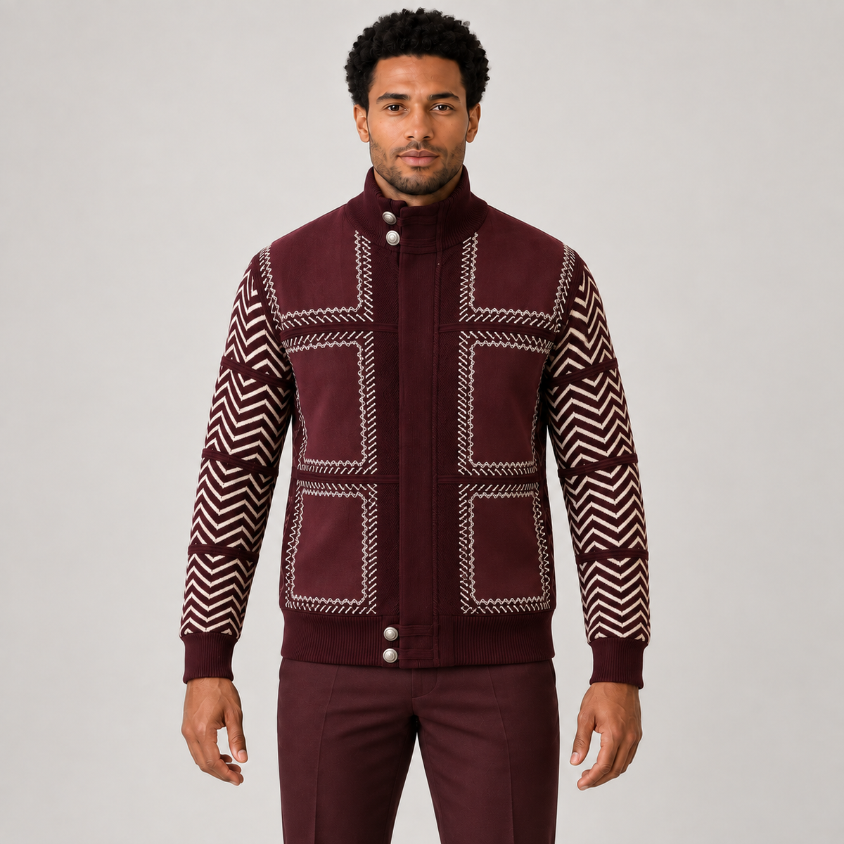 Silversilk 31006 wine patterned sweater, front view on model against light gray studio background