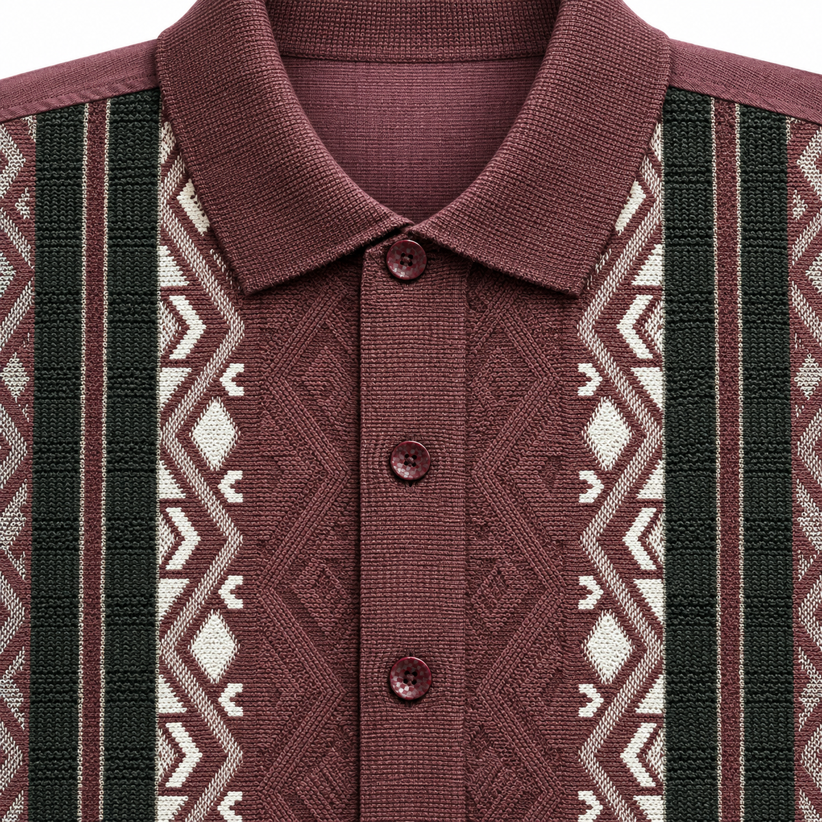 Silversilk 34117 Fig walking set top close-up showing geometric knit, black stripes and button-front collar