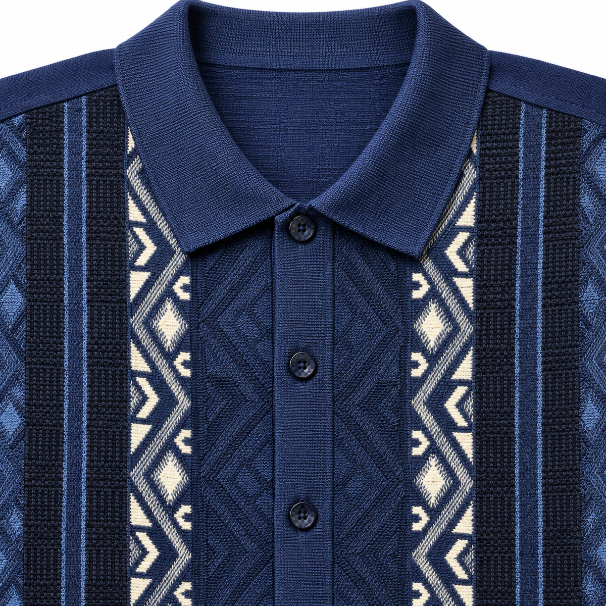 Silversilk 34117 navy walking set top close-up showing geometric knit texture, contrast stripes and polo collar