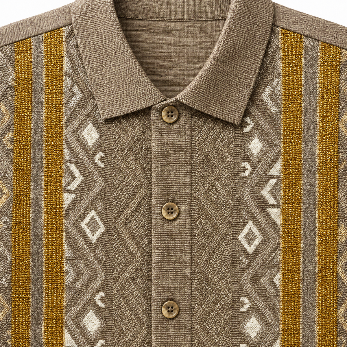 Silversilk 34117 Taupe walking set top close-up showing geometric knit, gold stripes and button-front collar