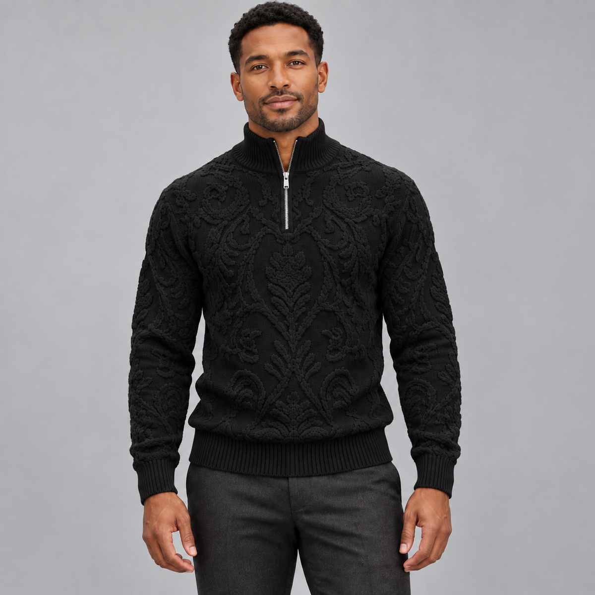 Stacy Adams 32010 black quarter-zip chenille mock-neck sweater on model, front view
