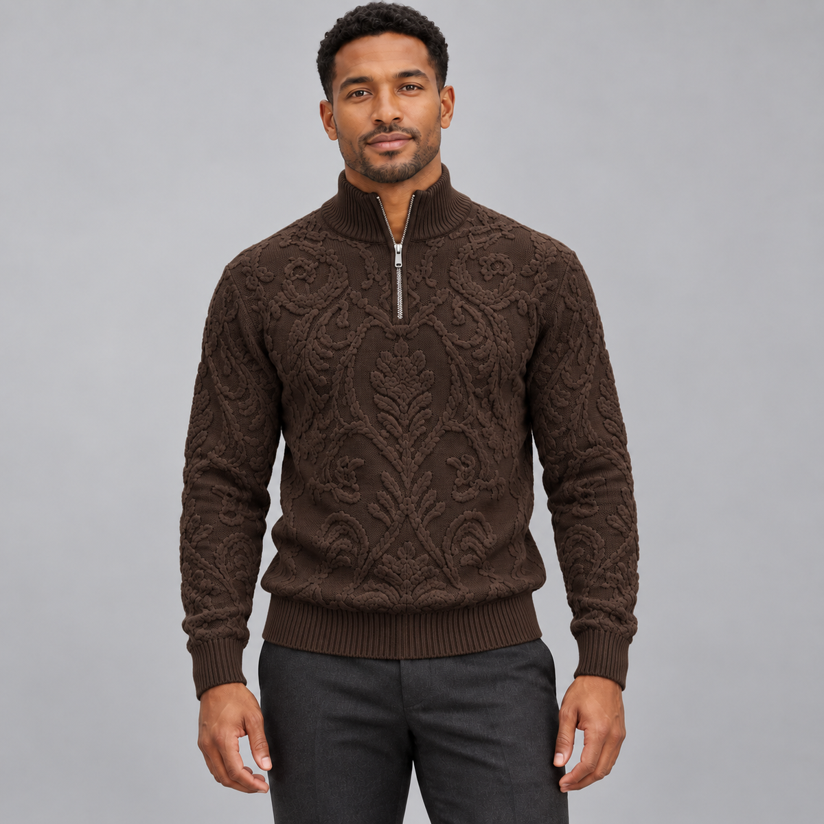 Stacy Adams 32010 brown quarter-zip chenille mock-neck sweater on model, front view