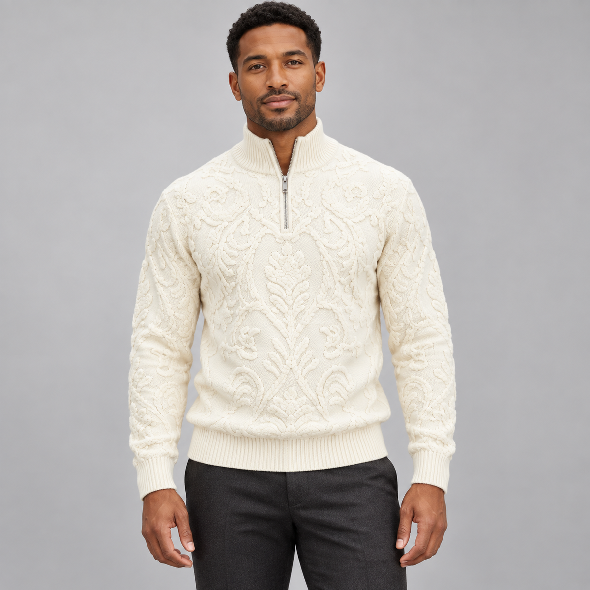 Stacy Adams 32010 cream quarter-zip chenille mock-neck sweater on model, front view