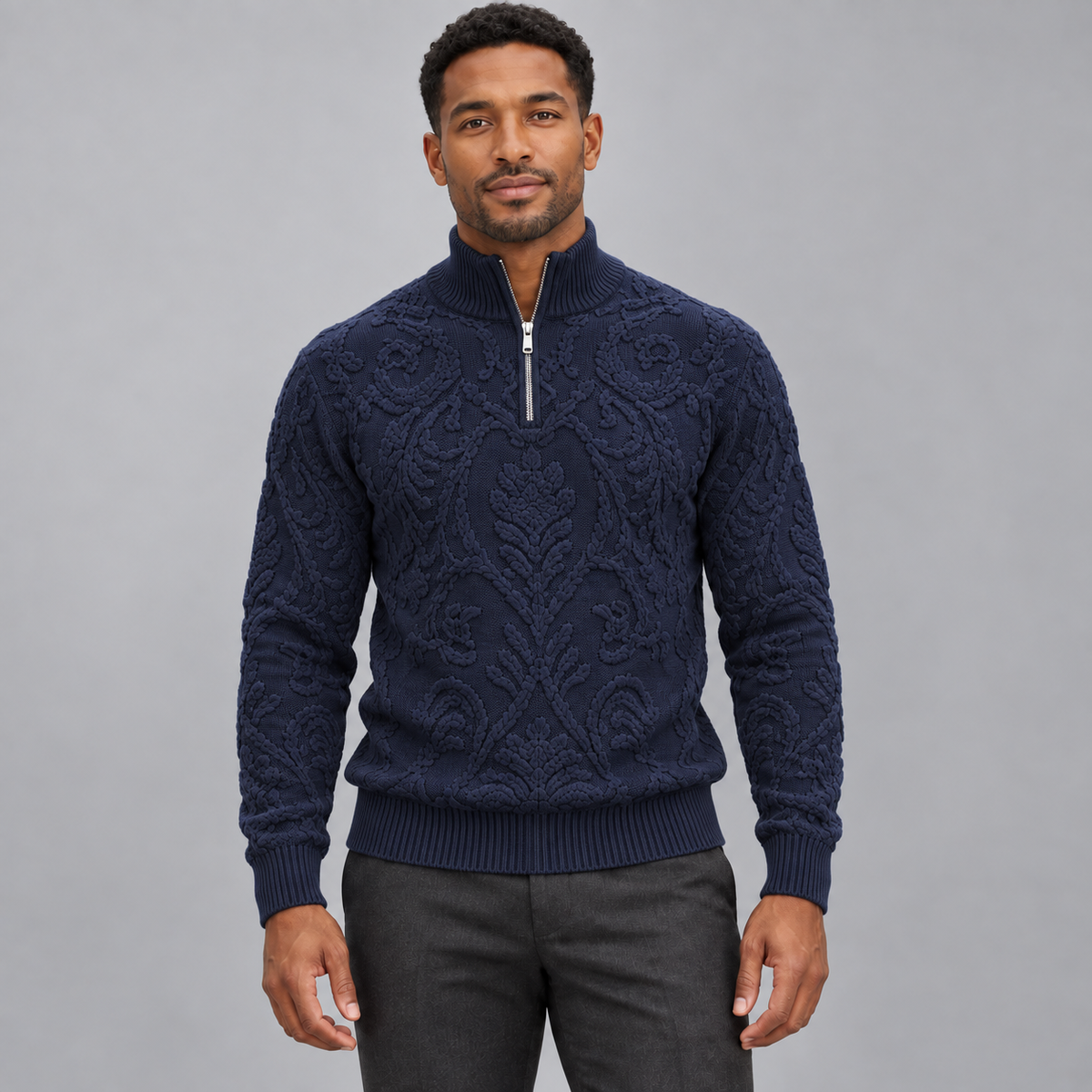 Stacy Adams 32010 navy quarter-zip chenille mock-neck sweater on model, front view