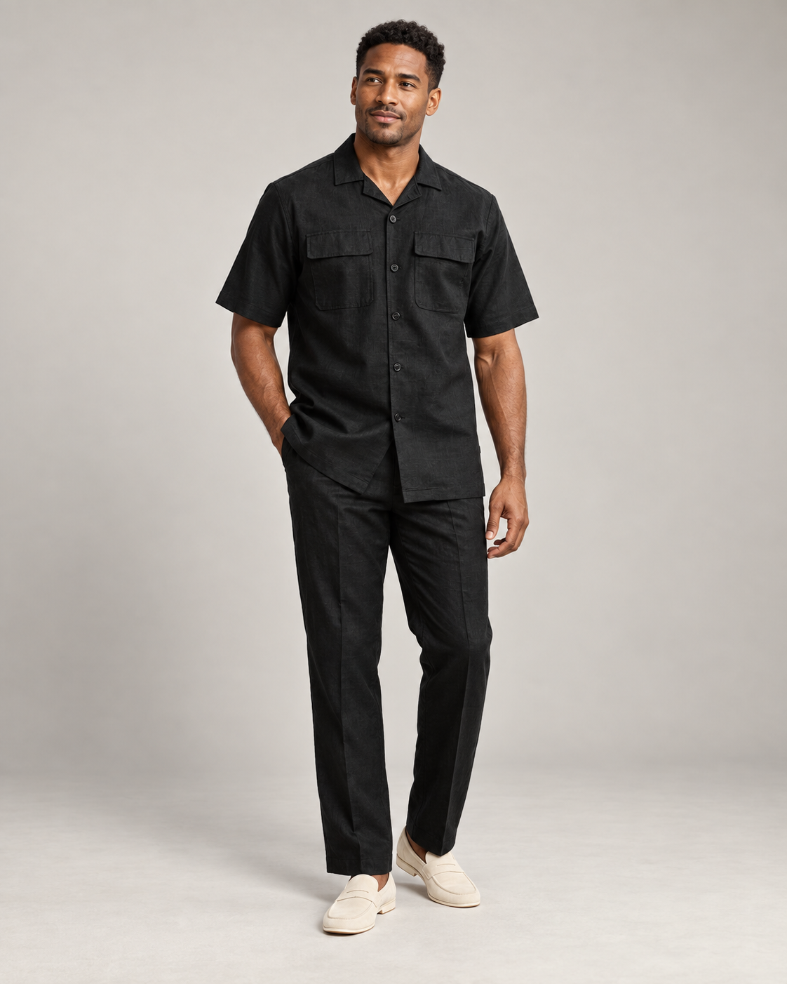 Stacy Adams 3510 linen two-piece set in Black, full-length model studio photo