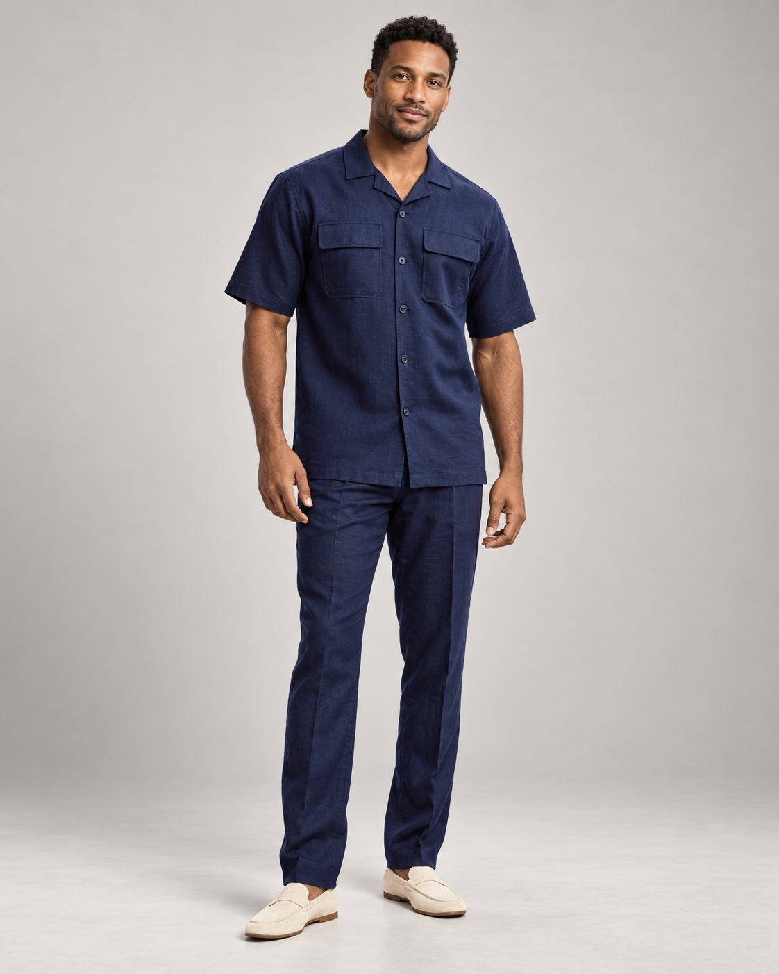Stacy Adams 3510 linen two-piece set in Navy, full-length model studio photo