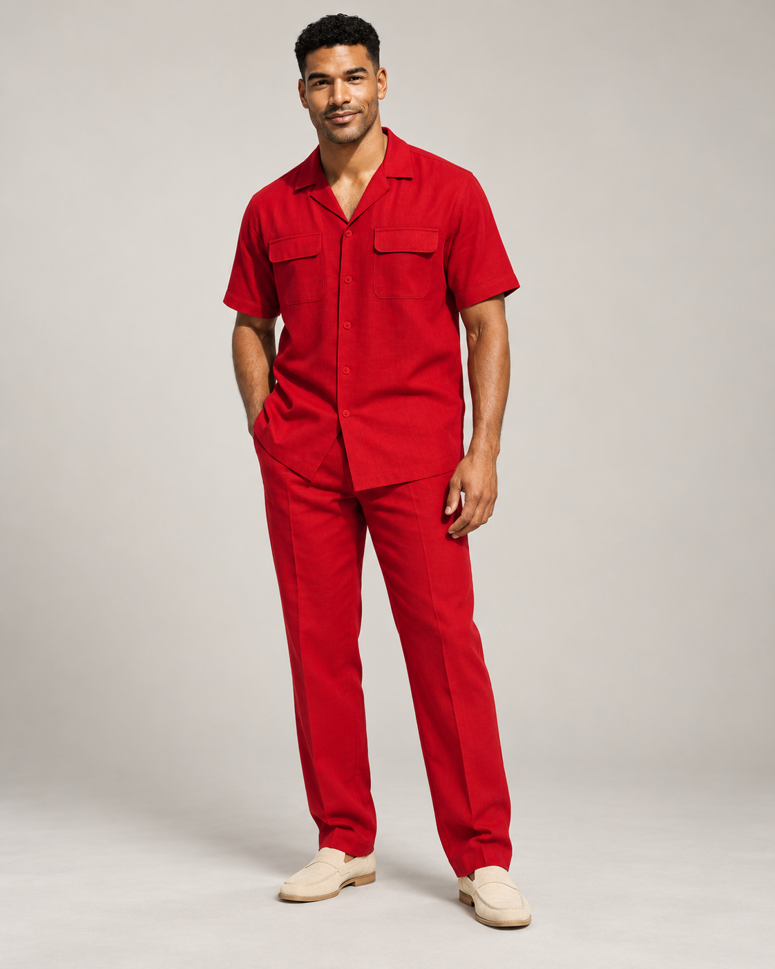 Stacy Adams 3510 linen two-piece set in Red, full-length model studio photo