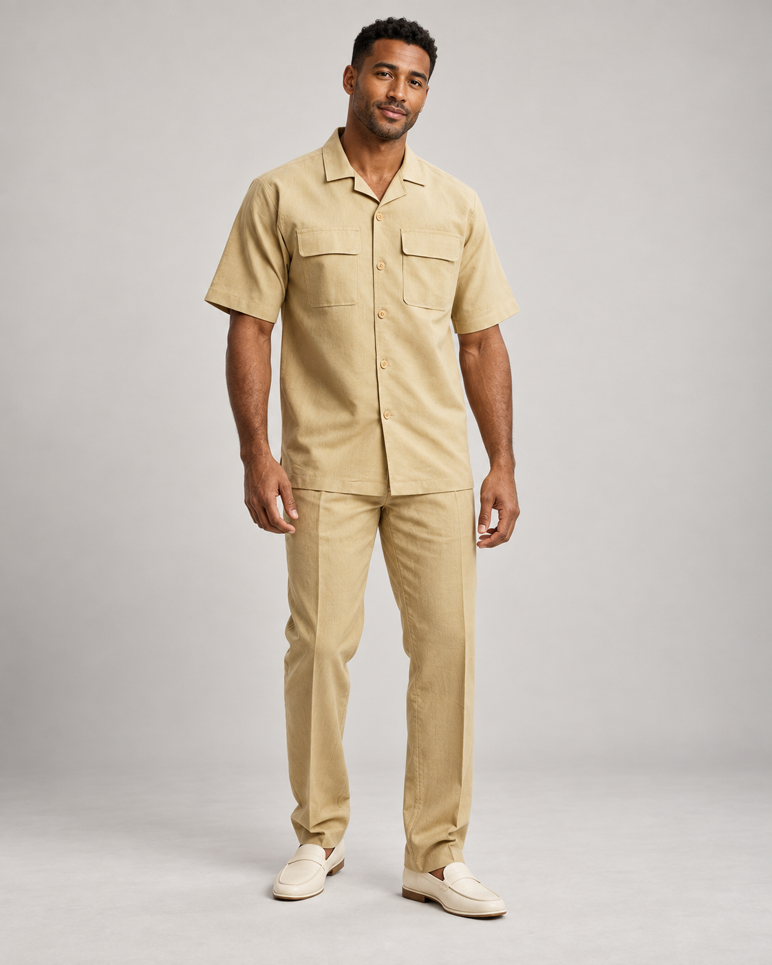 Stacy Adams 3510 linen two-piece set in Tan, full-length model studio photo