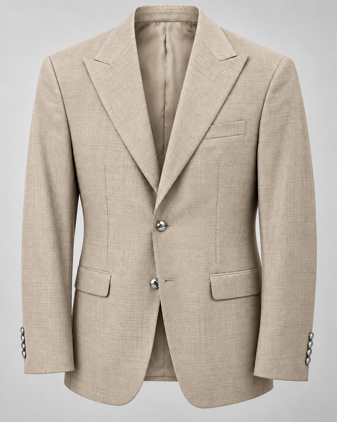 TCW 8065 Beige wool-blend peak lapel blazer, two silver buttons, looser modern fit