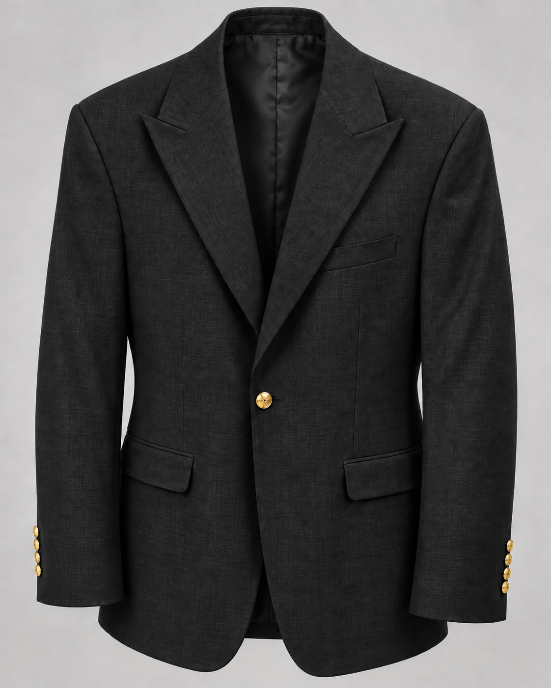 TCW 8065 Black wool-blend peak lapel blazer, one gold button, looser modern fit