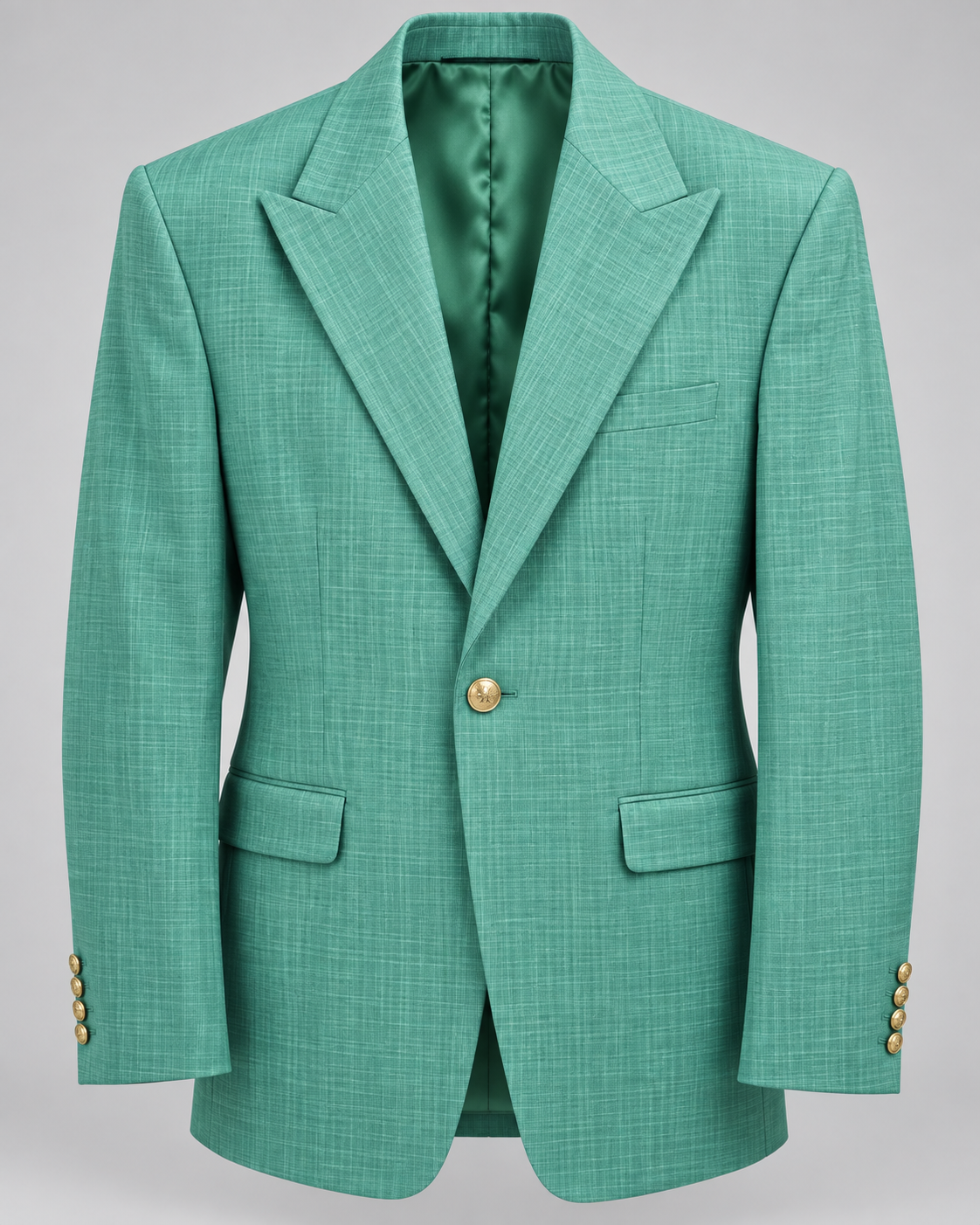 TCW 8065 Emerald Green wool-blend peak lapel blazer, one gold button, looser modern fit