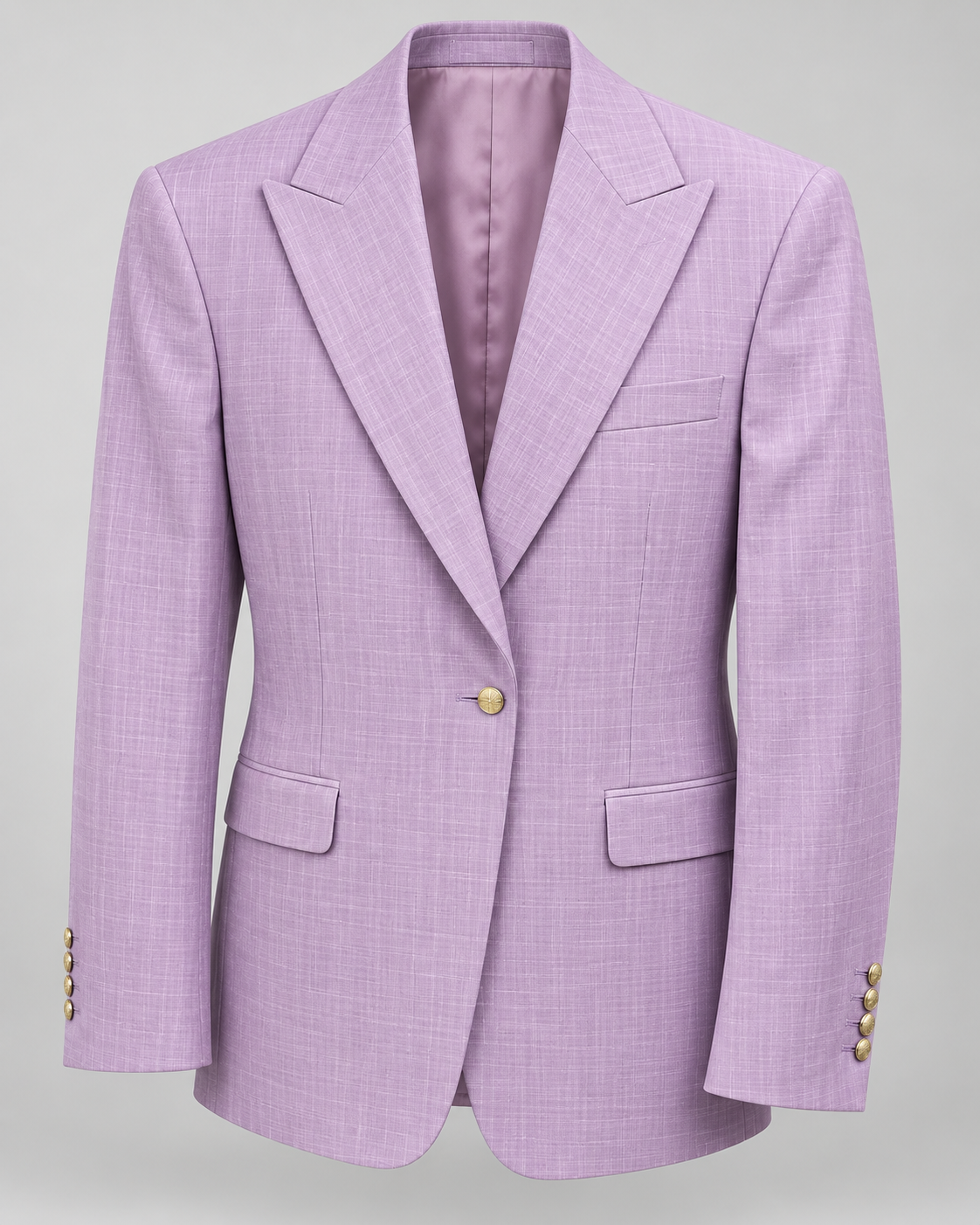 TCW 8065 Lavender wool-blend peak lapel blazer, one gold button, looser modern fit