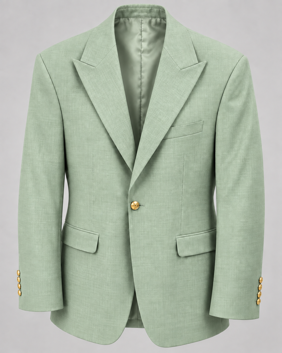 TCW 8065 Mint wool-blend peak lapel blazer, one gold button, looser modern fit