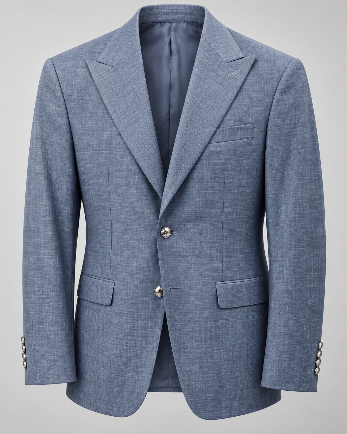 TCW 8065 Navy wool-blend peak lapel blazer, two silver buttons, looser modern fit