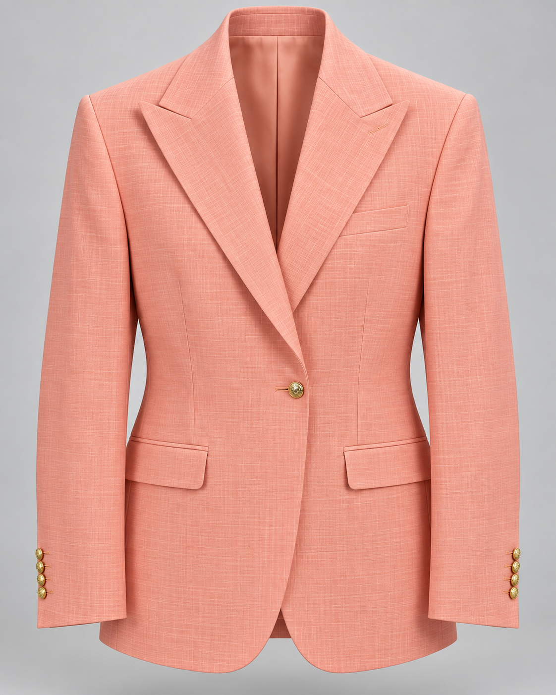 TCW 8065 Peach wool-blend peak lapel blazer, one gold button, looser modern fit