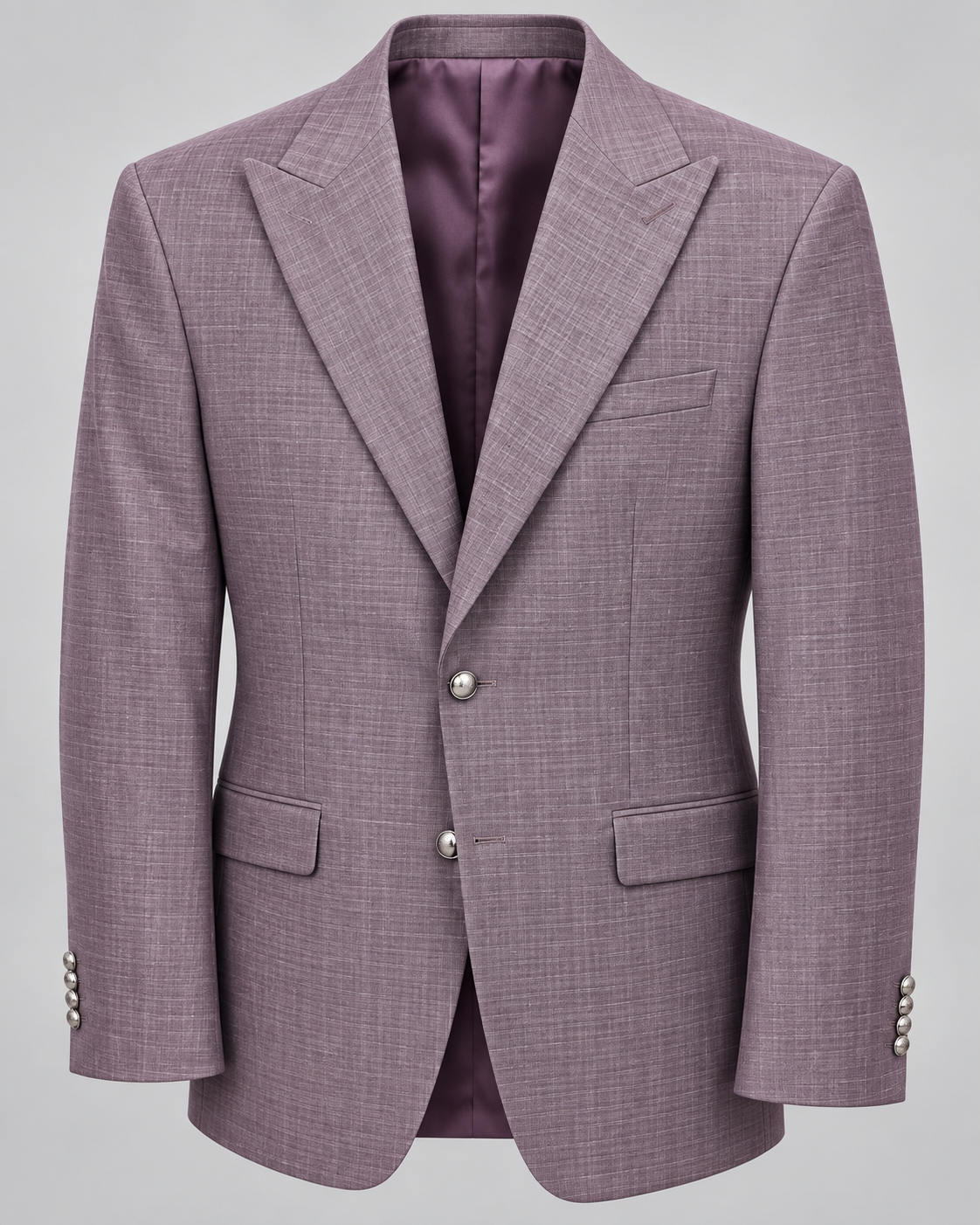 TCW 8065 Plum wool-blend peak lapel blazer, two silver buttons, looser modern fit