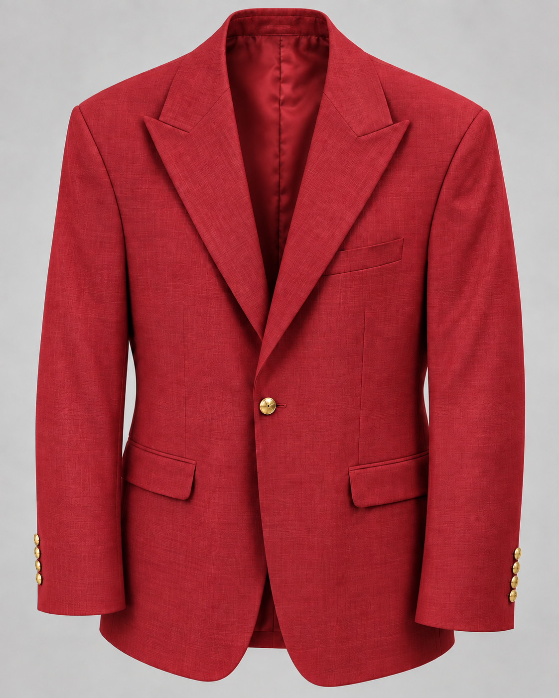 TCW 8065 Red wool-blend peak lapel blazer, one gold button, looser modern fit