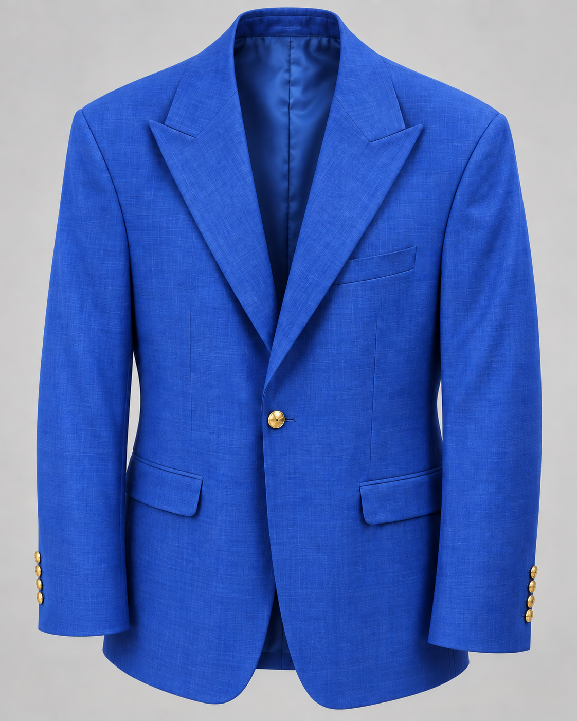 TCW 8065 Royal Blue wool-blend peak lapel blazer, one gold button, looser modern fit