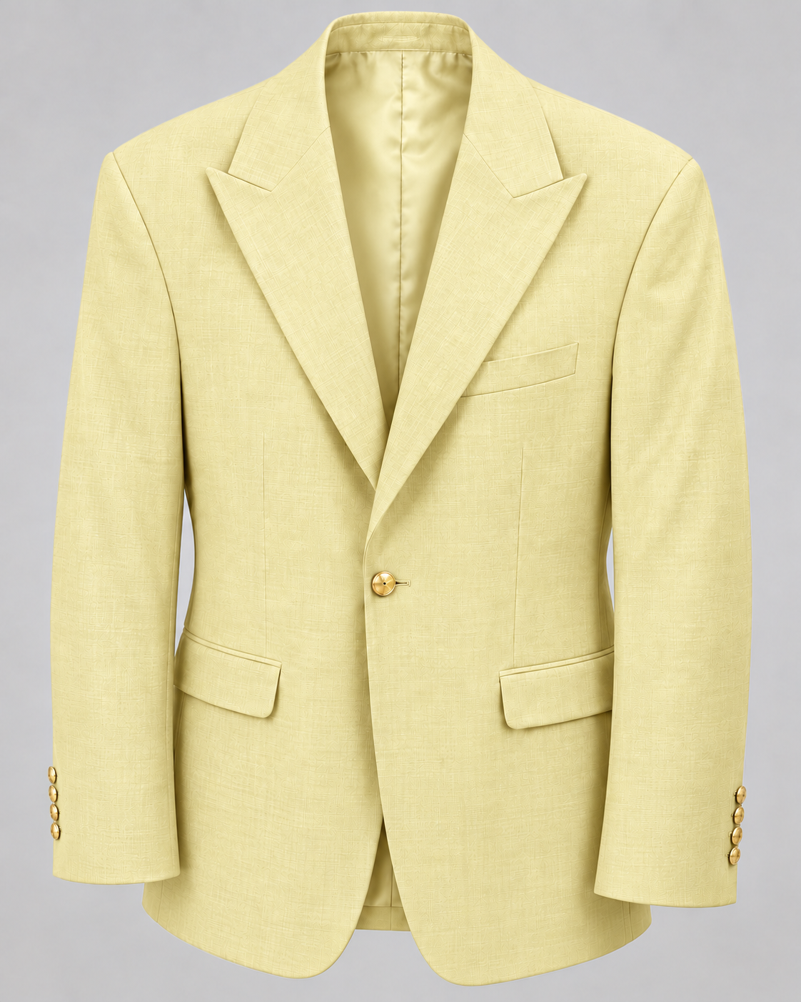TCW 8065 Yellow wool-blend peak lapel blazer, one gold button, looser modern fit