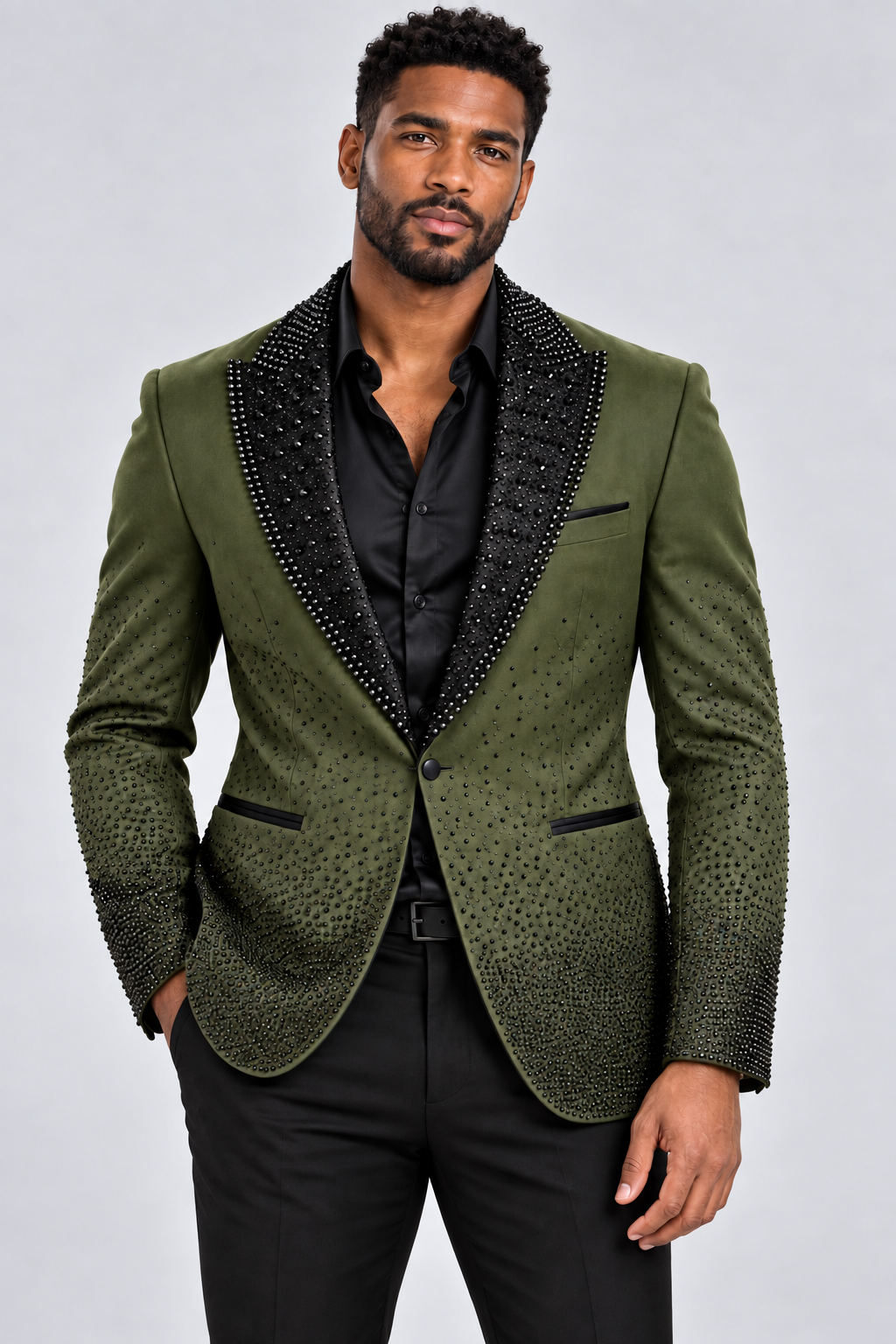 Barabas Rhinestone Blazer (2EBL3) — Olive, studio photograph