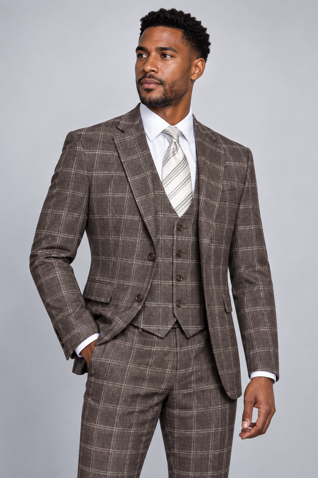Manzini 3pc Compose Suit (Monica) — Taupe Windowpane, studio photograph